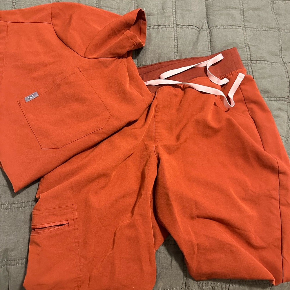 Figs burnt orange scrub set. Catarina top size large, Zamora joggers Lg petite